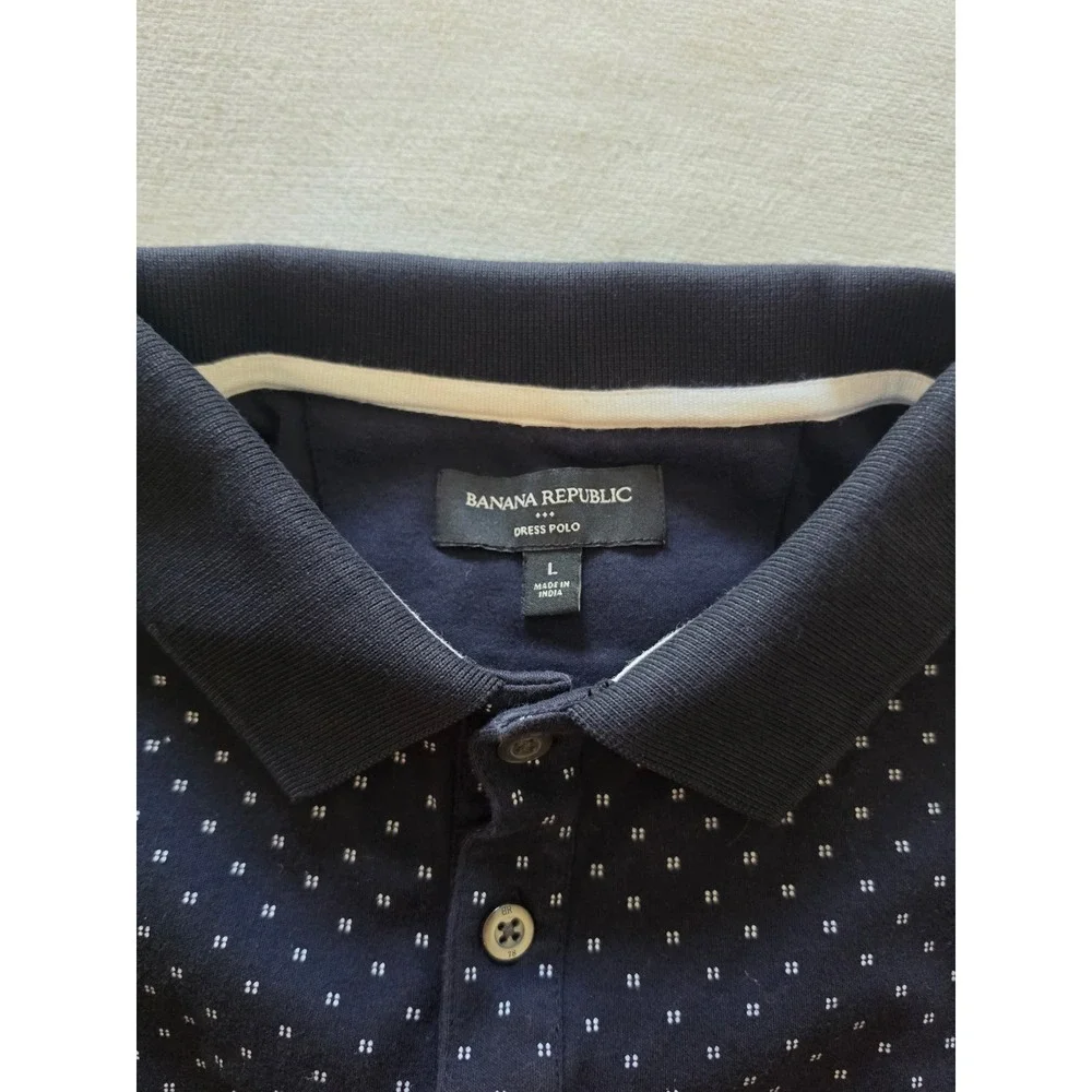 Banana Republic Mens Dress Polo Shirt Navy Blue Geometric Micro Print Large L